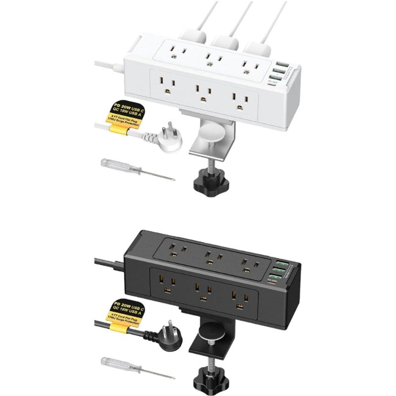 Desk Edges Mount Power Strips with 6 Outlets & 4 Fast Charging USB Port Tabletop Surges Protector Desk Clamps Power Socket
