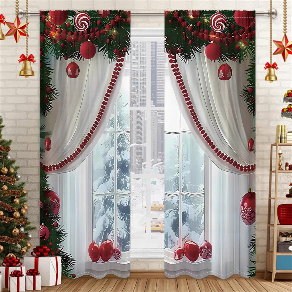 

Christmas Curtains 3D Pine Branches Red Ornaments Print Living Room Bedroom Panels Holiday Decor 2 Panels Xmas Drapes 50W130H(CM)X2PCS&Grommet Top