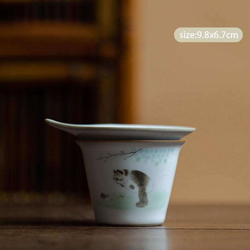 Chinese Retro Ru Kiln Ceramic Fair Cup Tea Strainer Hand-painted Cute Cat Teacup Handmade Tea Infusers Tea Set Accessories