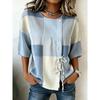 Women's Rust Plaid Print Drawstring Button Up Blouse, Casual Round Neck Tops for Spring Summer Daily Vacation Wear