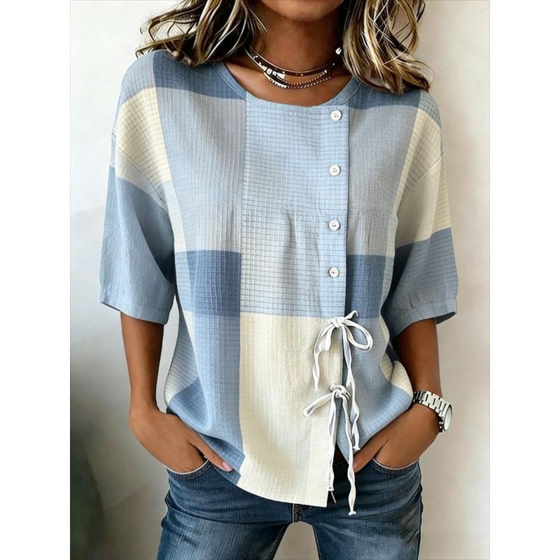 Women's Rust Plaid Print Drawstring Button Up Blouse, Casual Round Neck Tops for Spring Summer Daily Vacation Wear