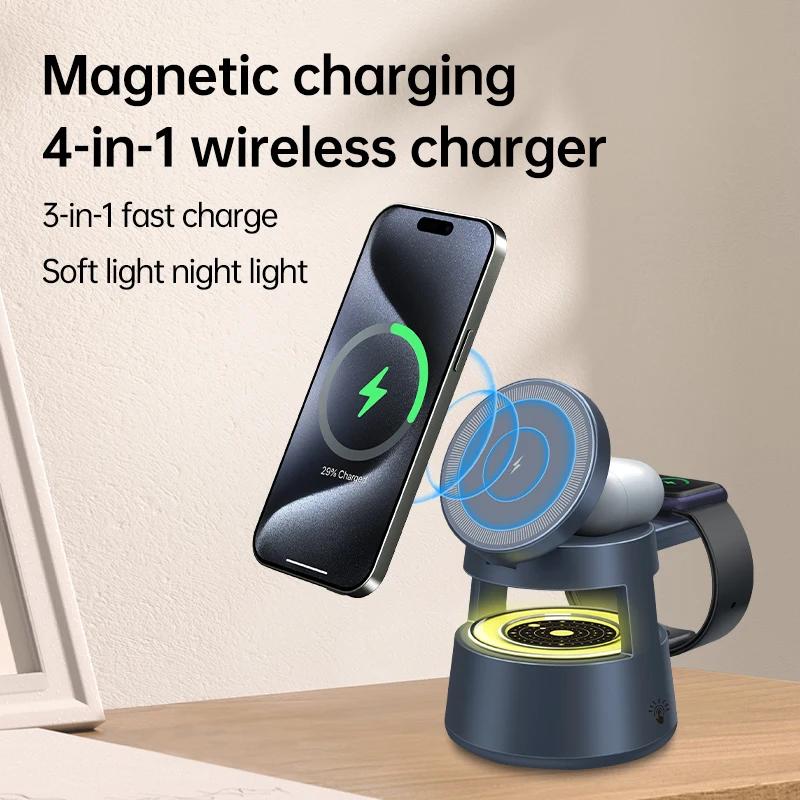 5 in 1 Wireless Charger Stand Night Light LED Bluetooth Speaker For Magsafe iPhone 16 15 14 13 12  Watch 9 8 Airpods Pro