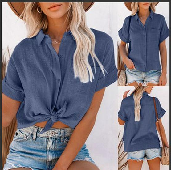 2021 Women's Summer Cotton Linen Short Sleeve Blouse - Ladies' Lapel Button Shirt