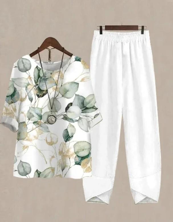 2023 Women's Casual Round Neck Five-Sleeve Top & Digital Print Two-Piece Set