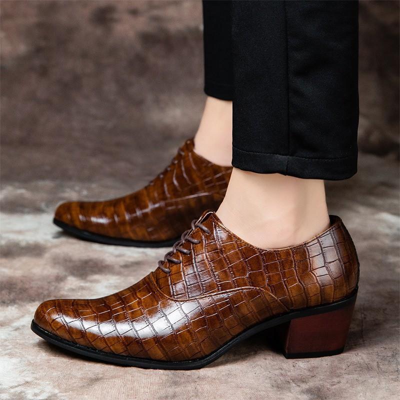 Mens Stylish Chunky Heel Loafers With Stone Texture 5cm Height Increase Casual Dress Shoes Short Stature
