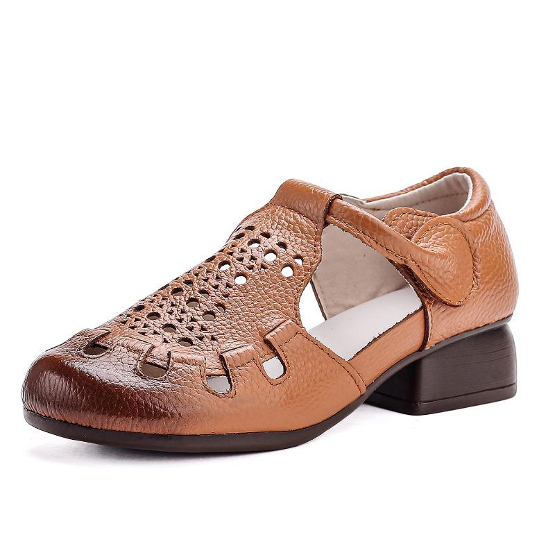 Real cowhide summer new beef tendon sole middle heel mother shoes comfortable soft sole hollow retro sandals women