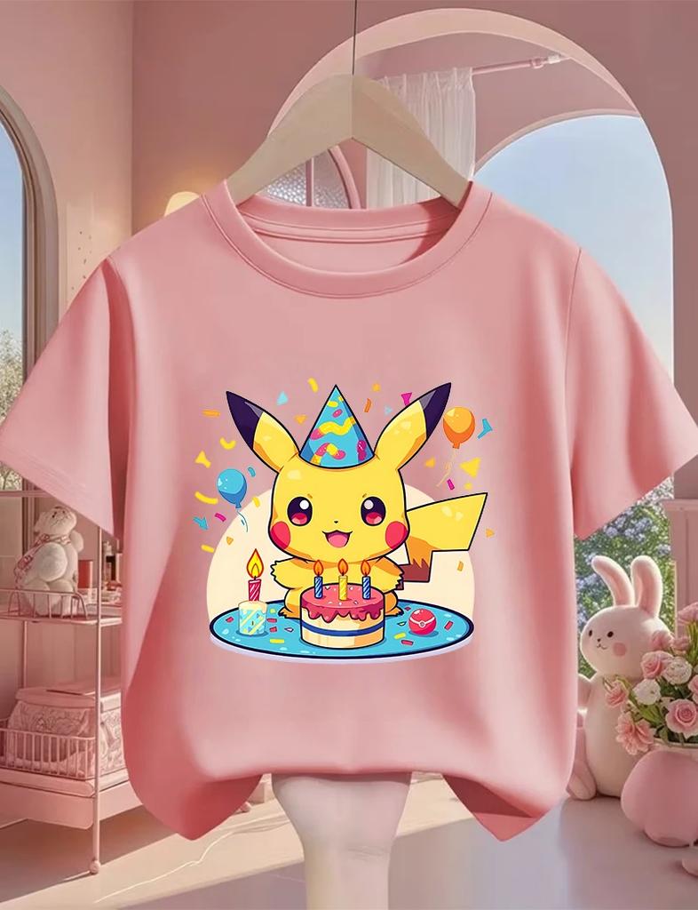 Kawaii Hot-Selling Cartoon Casual Crew Neck Children's Pikachu Fashion Street T-Shirt for Boys and Girls Ages 3-16, Cute Summer