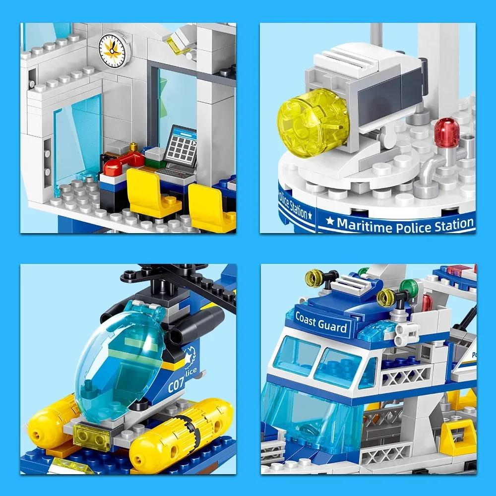 Polizeistation Stadt Bausets, 850 Teile STEM Spielzeug mit Hubschrauber Flugzeug, Boote Schiff, Wasserschutzpolizeistation, Geschenk für 6-12 Jungen