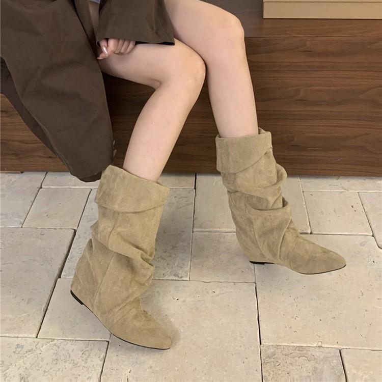 Inner Heightening Suede Pleated Stacking Boots Women's 2025 Autumn and Winter New Pointed Western Cowboy Boots Lapel Mid Boots Women