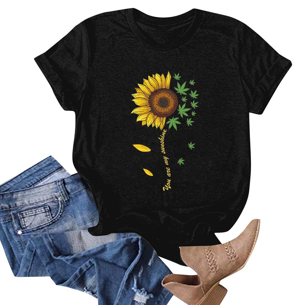 Sunflower Damen-Hemdoberteil mit süßem Aufdruck, kurzärmelig, Rundhalsausschnitt vorne und Schulter, Vintage-Kurzarm, Sommer-Lose-Shirt-Oberteil