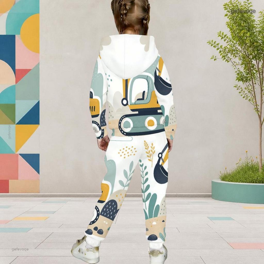 Girls Hooded Long Sleeve Printed Casual Two Piece Outfit Kangaroo Pocket Cuffed Pants