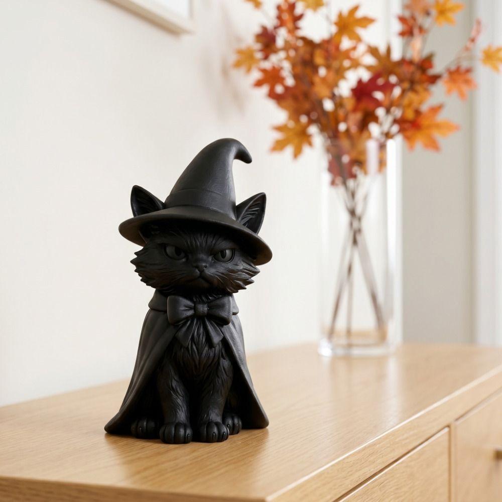 3D Printed Cat Witch Figurine Dark Style Halloween Decorations Cute Cat Statue Home Decor