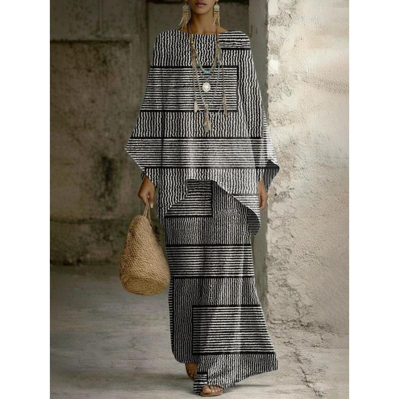 European and American retro bohemian suit exotic 1D printed loose top wide-leg pants temperament casual two-piece set