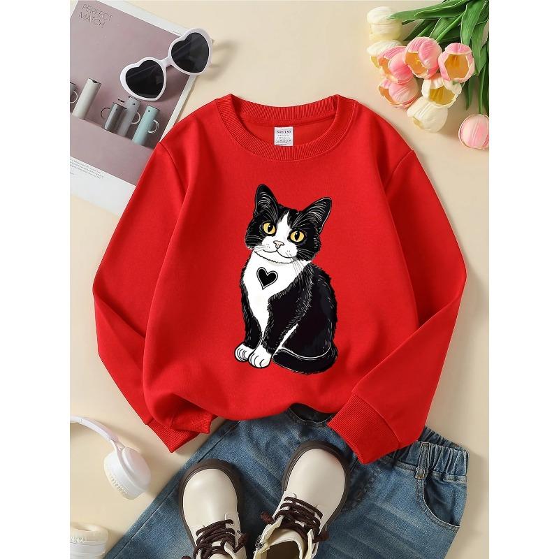 Kids Sweatshirt - Black And White Cat with Heart Pattern Machine Washable, Spring And Autumn, Sportswear And Casual Wear, Soft And Comfortable