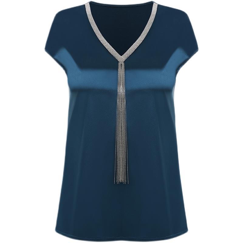 HNXC Summer Heavy Industry Tassel Satin Innerwear and Outerwear Base Layer Short-sleeved T-shirt Top Women V-neck