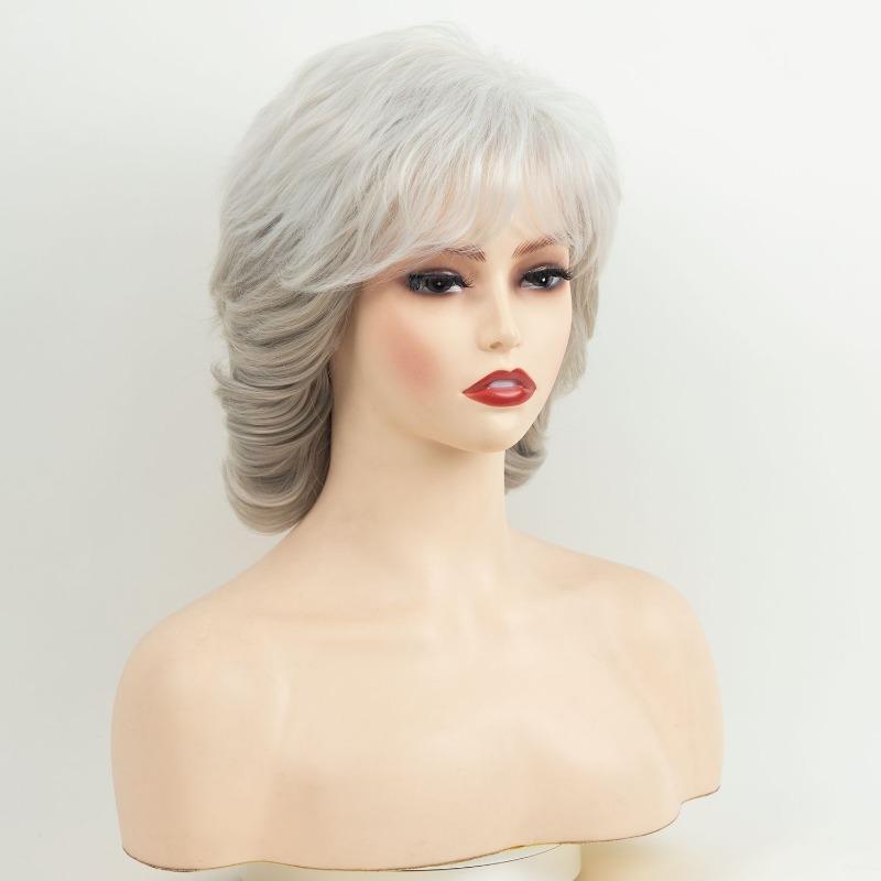 Curly Wig Synthetic Short Wigs for Women Natural Hair Grey Wig with Bangs Cosplay Costume Old Woman Elegant Ladies Wig