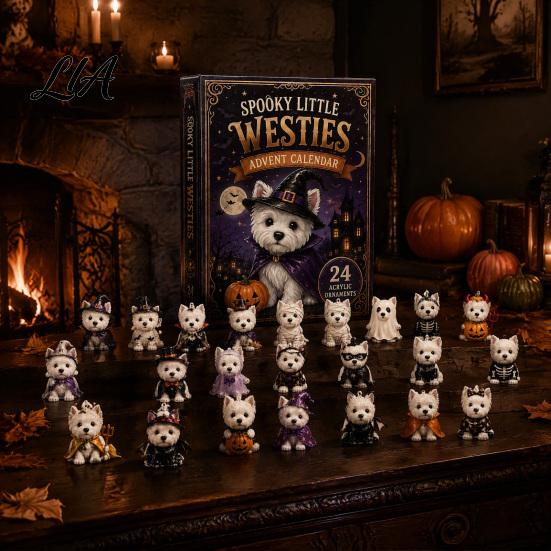 Halloween Advent Calendar Dog Cat Calendar, 24-Day Acrylic Figure Countdown Set Holiday Box with Witch Pumpkin Ghost Outfits, Collectible Desk Display