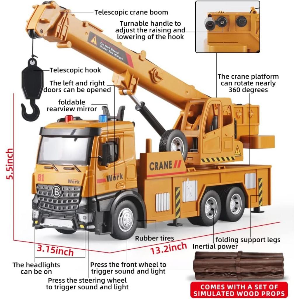 1/50 Crane Toy Metal DieCast Crane Model,Construction Truck Toys with Simulated Sounds and Lights,Suitable for Ages 3 and Up Toy Crane for Boys