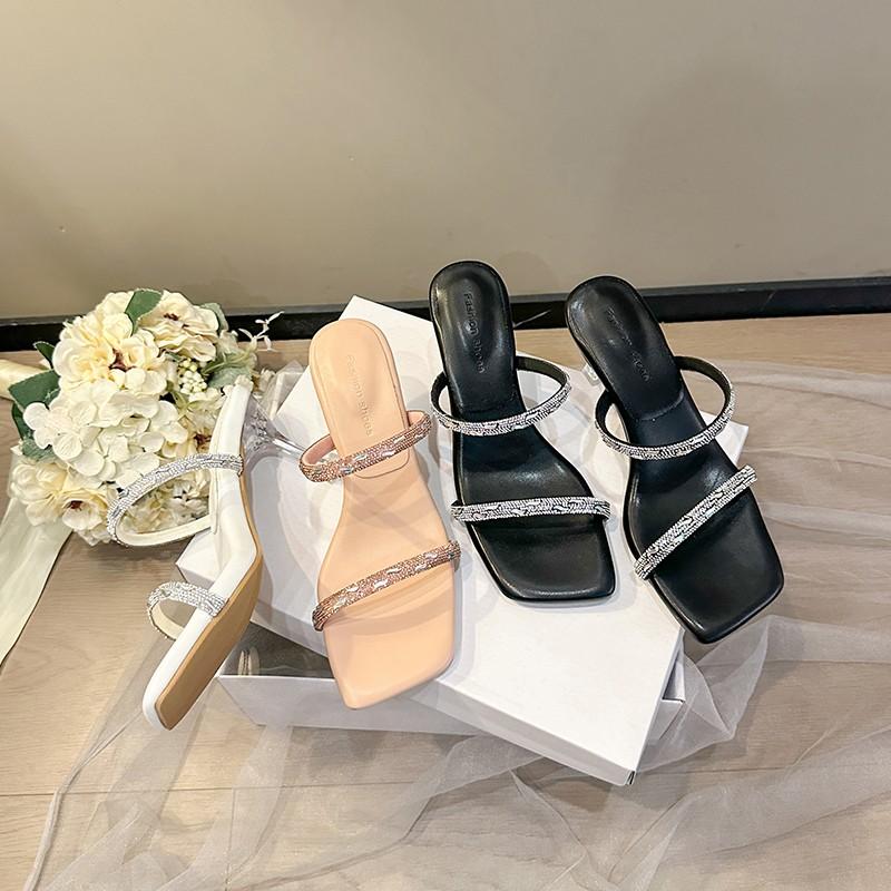 Fashion New Summer High-heeled Women's Thin Heels, Shiny Rhinestone One-strap Flip-flops, and Elegant Sandals