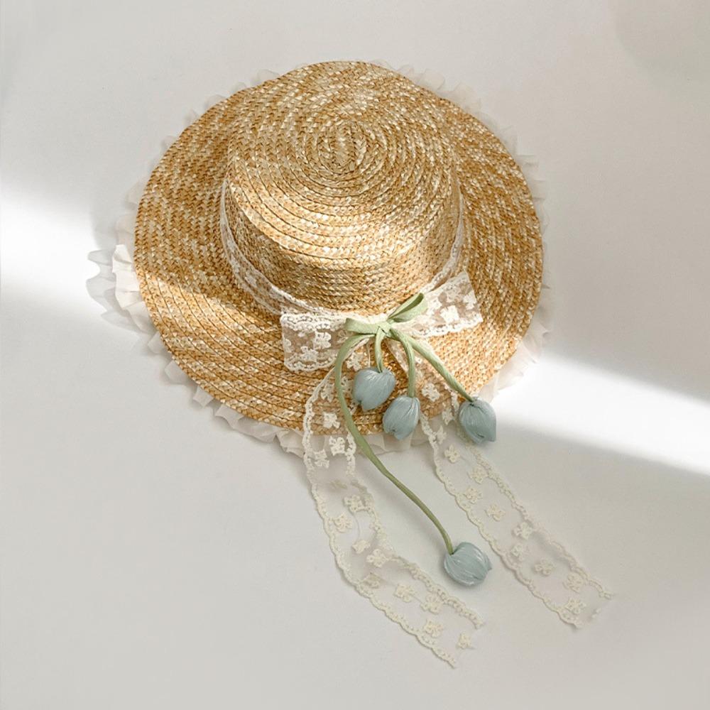 Wide Brim Lace Bow Straw Hat Flower Summer Beach Sun Hat  Beautiful Scenery