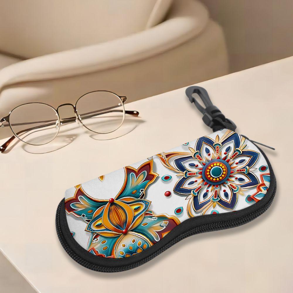 2D-Bohemian Floral Pattern Zipper Sunglasses Case, Vintage Mandala Print Eyeglasses Protector, Portable Protective Eyewear Holder for Women Travel