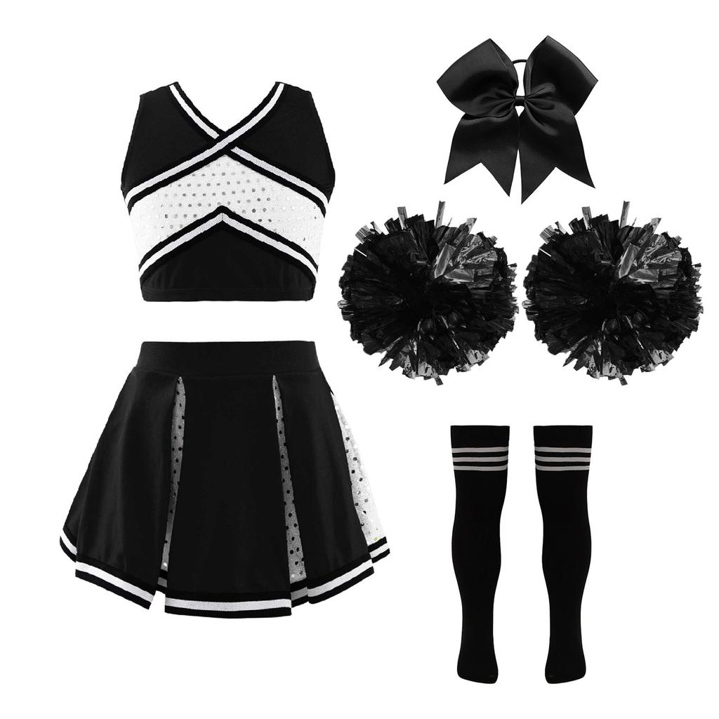 Girl Cosplay Cheerleader Costume Cheerleading Uniform Outfit Sequins Crop Top Skirt with Socks School Girls Dancewear Sets