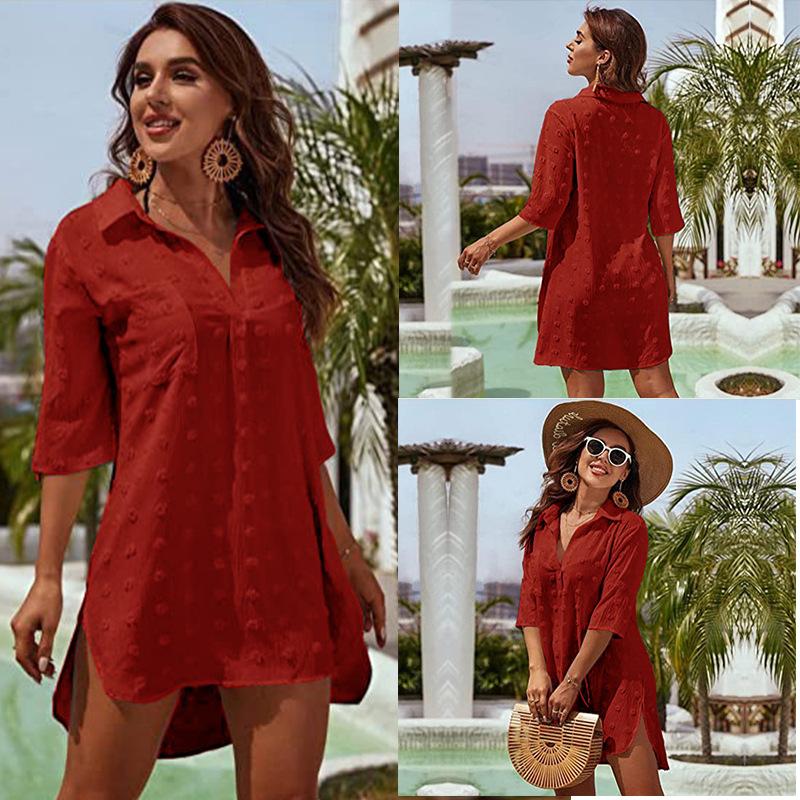 Beach Shirts Solid Cover Ups for Swimwear with Pockets Women Summer Tunic Half Sleeve Holiday Bathing Suits