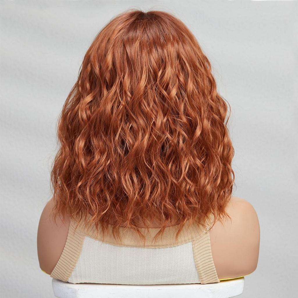 ALAN EATON Short BOB Synthetic WIGS Orange Brown Curly Wig with Bangs for Women Cosplay Daily Party Heat Resistant Fiber Wig