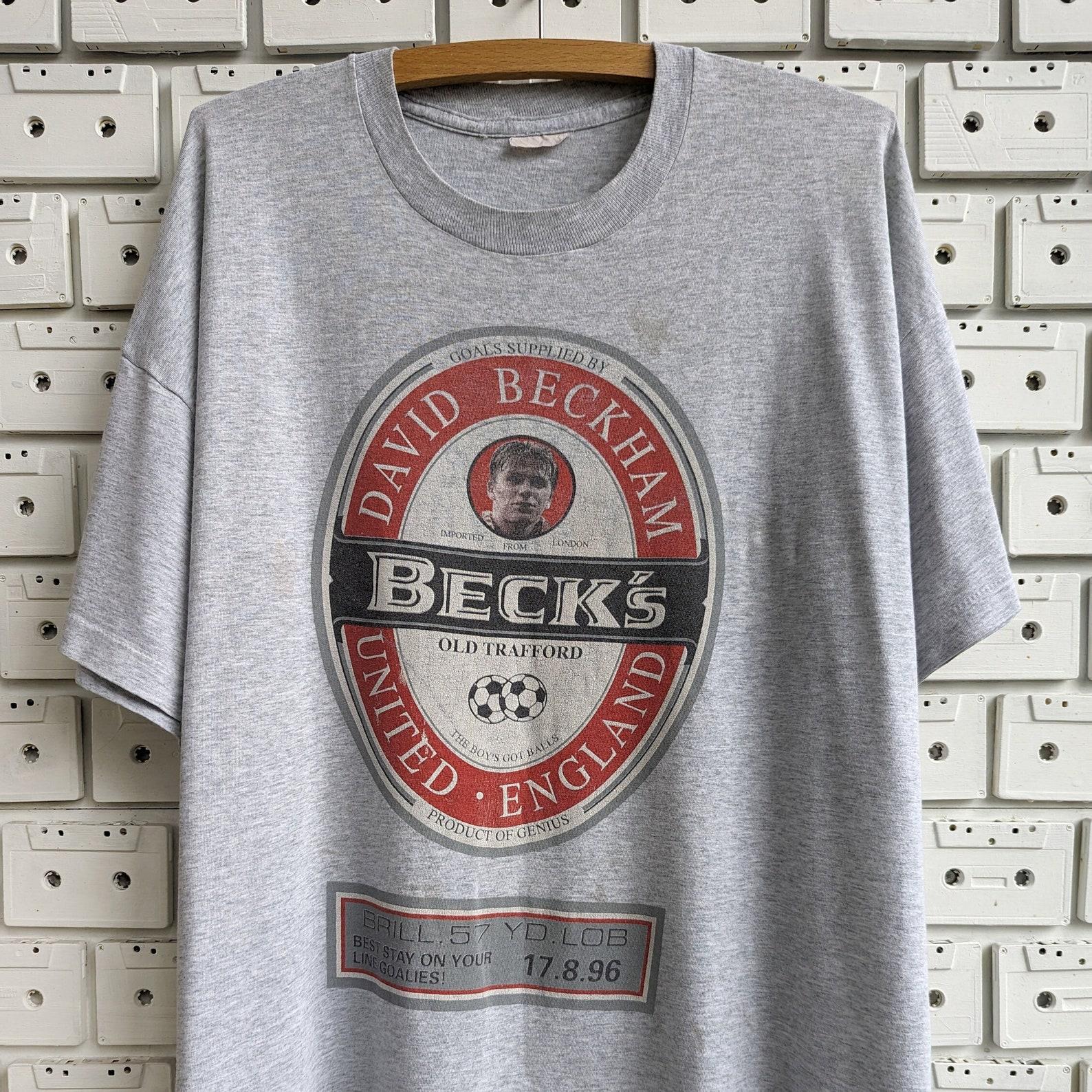 Vintage 1996 David Beckham T shirt Manchester United FC Football Soccer Becks Beer Logo Funny Parody Print Tee Size XL 3XL