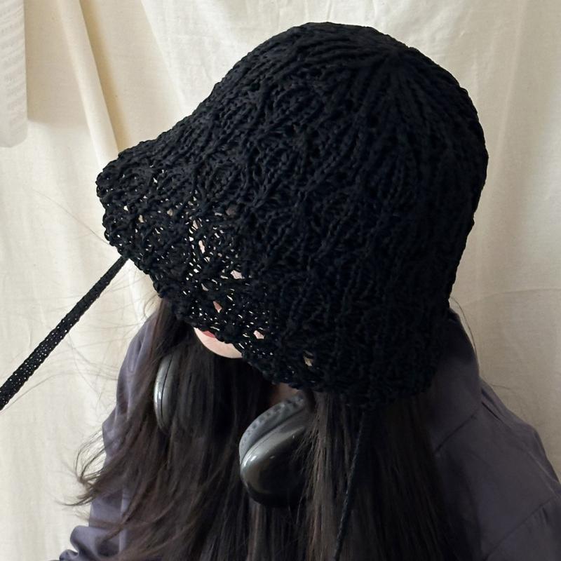 Japanese Hollow Knitted Lace Up Hat for Women's Spring and Summer Sun Shading and Sun Protection Hat Breathable Face Enhancing Small Bucket Hat