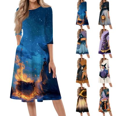 Women's Casual Halloween Print Midi Dress Round Neck Three Quarter Sleeve Loose Fit Comfortable Lightweight Dress for Daily Wear