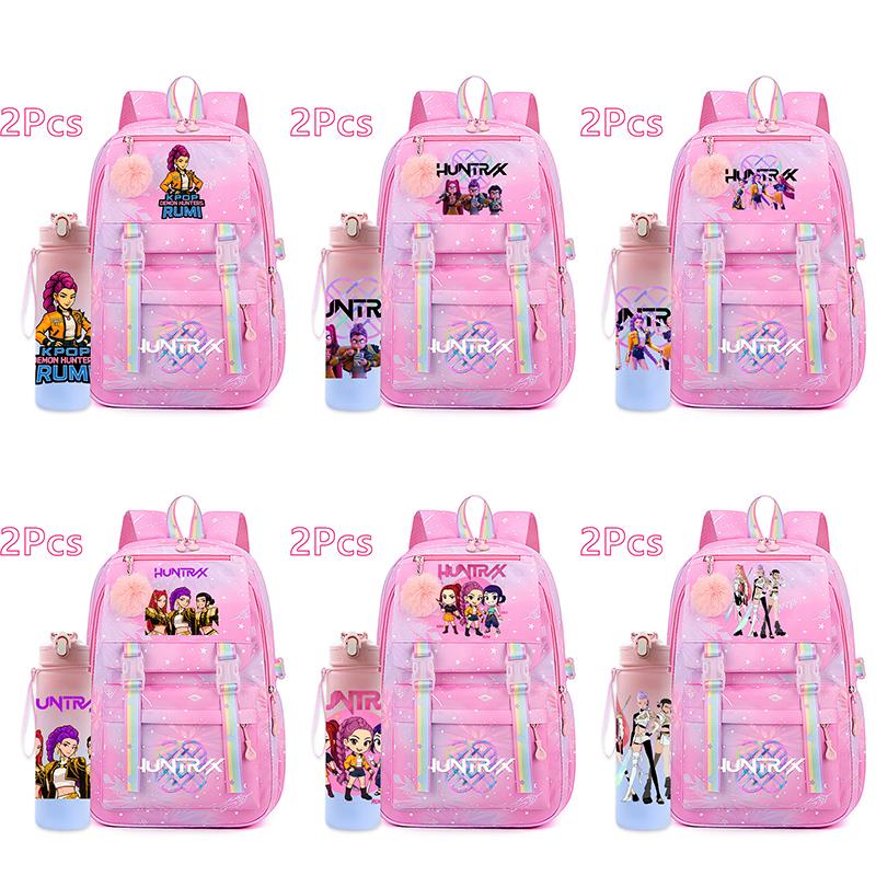 2Pcs/set K-pop Printed Backpack with 750Ml Water Bottler for Teenager Girl Boy Bookbag Kid Gift Large Capacity waterproof Travel Bag Mochila