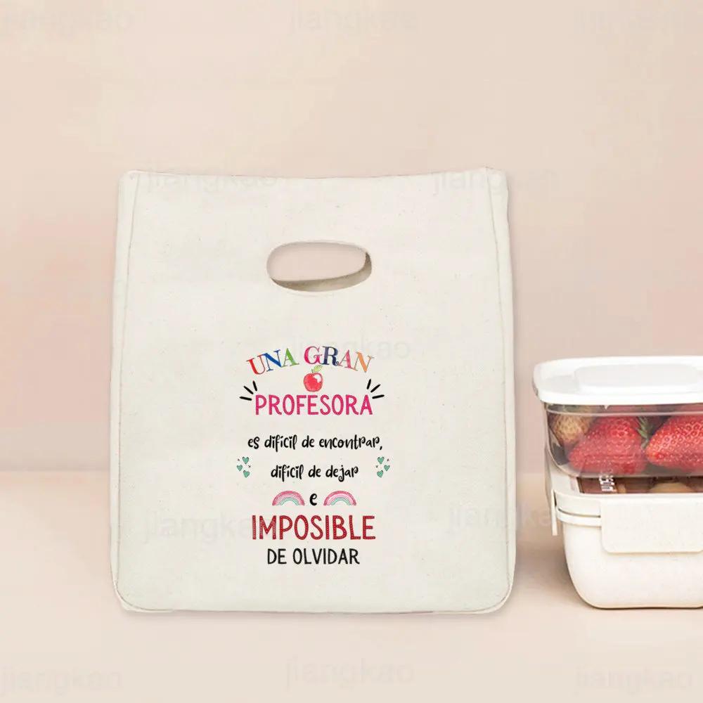 Spanish Printed Portable Lunch Bags Thermal Insulated Bag Teacher Life Picnic Foods Cooler Storage Pouch Thanks Gift for Teacher
