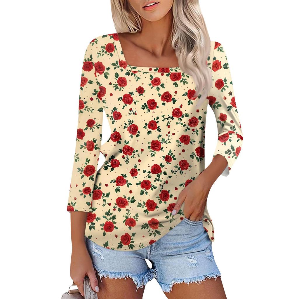 Košile pro dámskou módu Neformální dámské tričko s čtvercovým výstřihem, 3/4 rukávem, volným potištěným tričkem