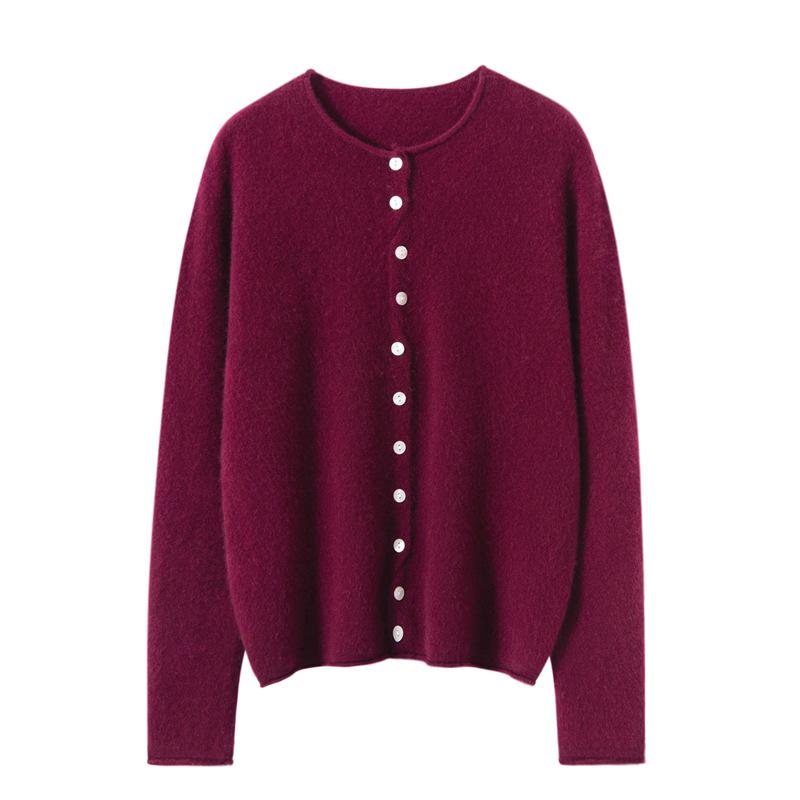 Autumn Winter Women's Solid Cashmere Sweater: Round Neck, Rolled Edge, Slimming Multi-Button Cardigan