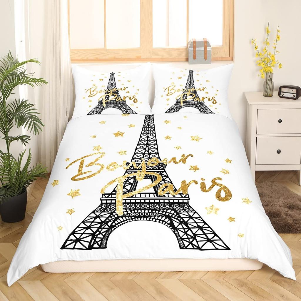 Eiffel Tower Duvet Cover Set King Size Paris Tower Bedding Set For Boy Girl Polyester Paris Cityscape Wooden Texture Quilt Cover