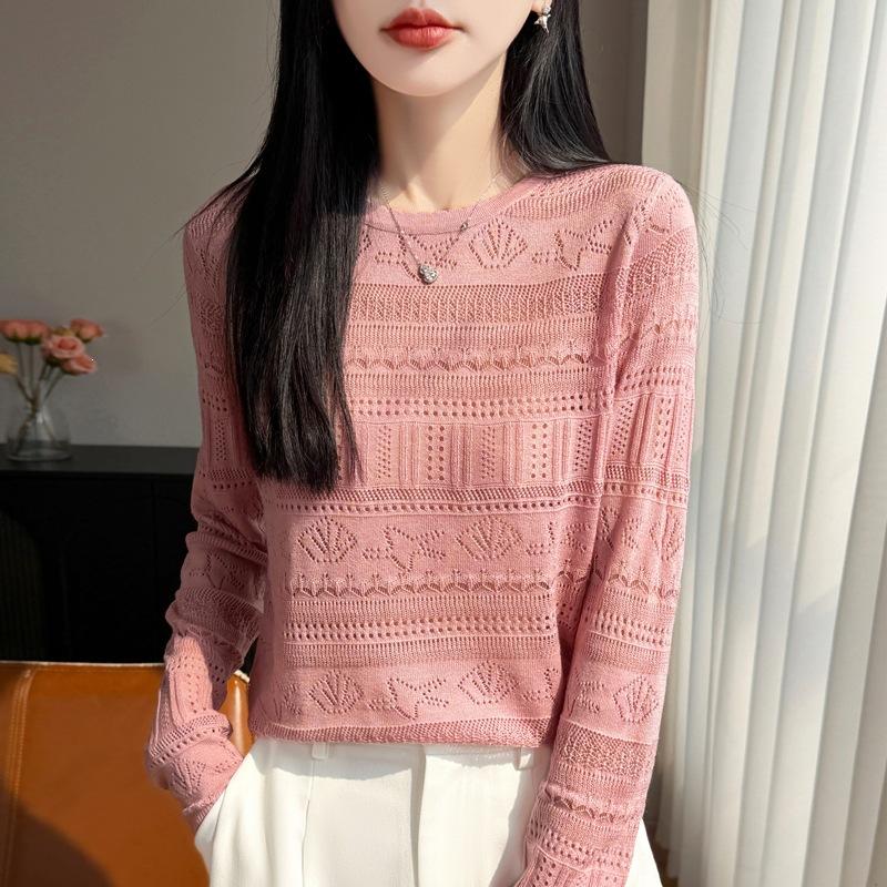 Women S Round Neck Long Sleeve Loose Knit Sweater With Hollow Out