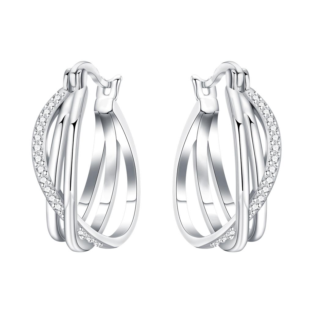 Exquisite Trendy Fashion Women Fine Jewelry Copper Silver Plated Twisted Multi-Layer Hoop Earrings Sparkling CZ Inlaid