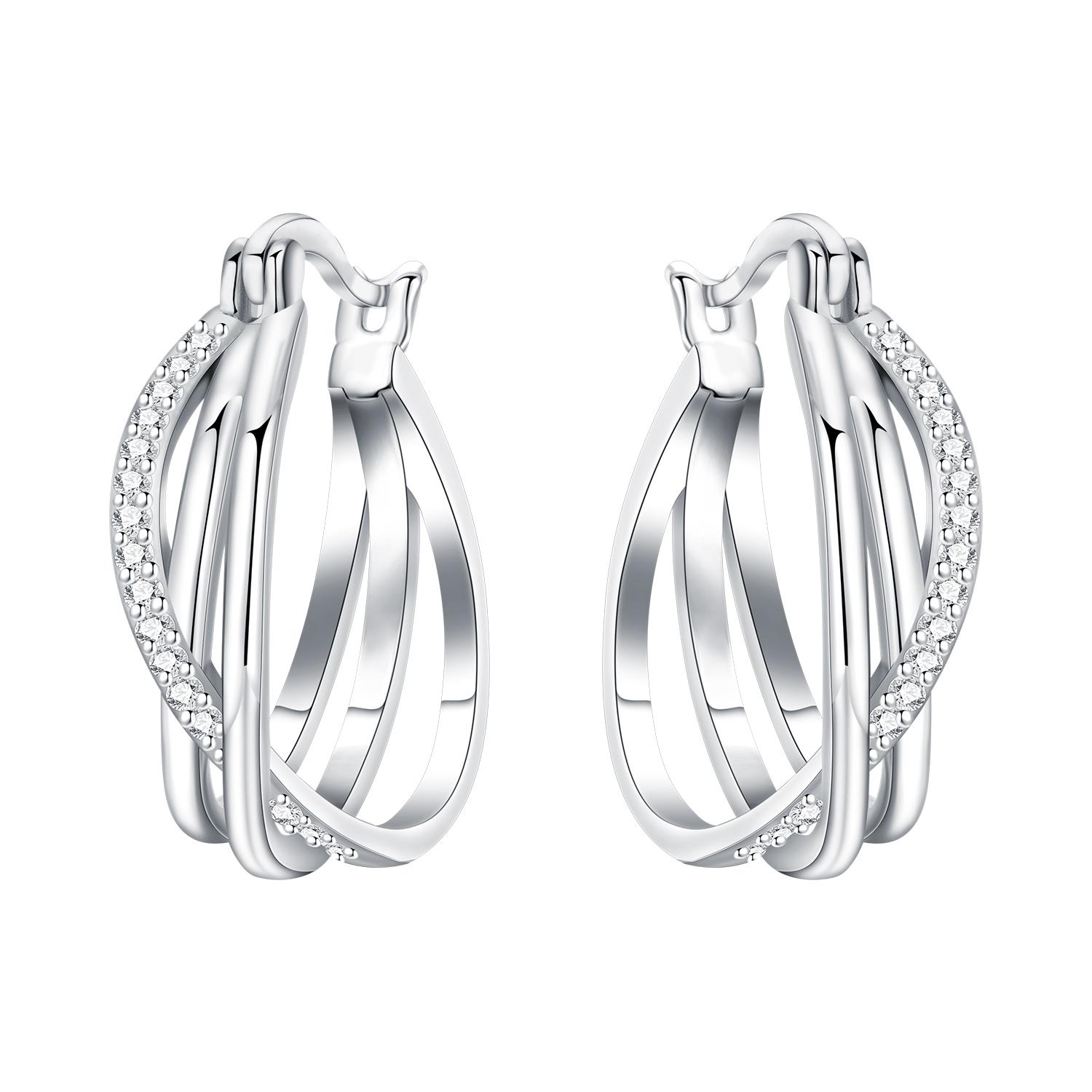 Exquisite Trendy Fashion Women Fine Jewelry Copper Silver Plated Twisted Multi-Layer Hoop Earrings Sparkling CZ Inlaid