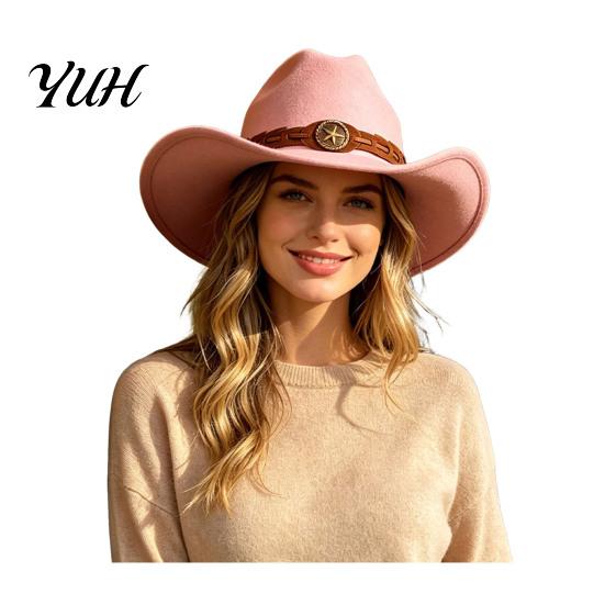 Outdoor Travel Felt Hat Unisex Western Cowboy Hat, Wool Fedora with Faux Leather Autumn Winter Warm Band, Retro Wide Brim Cowgirl for Men Women