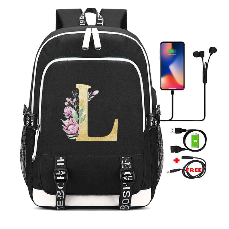 26 English Letters Black Backpack Cosplay Canvas Rucksack Children Kids Schoolbag Travel Bag Back To School Bookbag