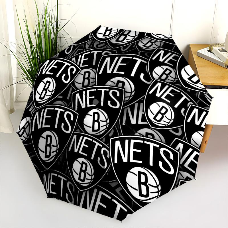 Brooklyn Nets Logo Print Folding Umbrella Durable Suitable For All Seasons Three Folds Printing Travel