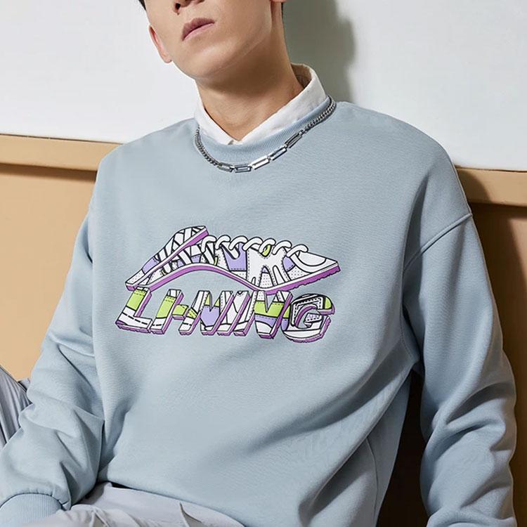 Li Ning Sports Fashion Collection Logo Print Loose Fit Fleece Lined Crew Neck Pullover Sweatshirt Unisex Mist Blue AWDRG40-3