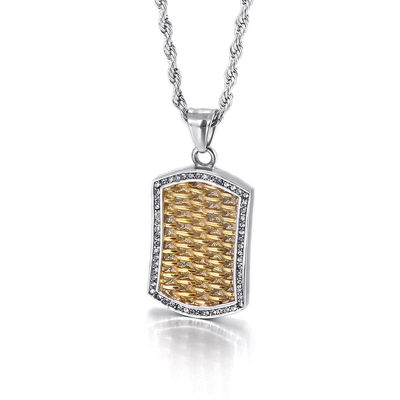 

Men s Rectangle Necklace Tag Pendant Golden Steel Color Charm Zircon Stainless Steel Jewelry Party Accessories 60cm
