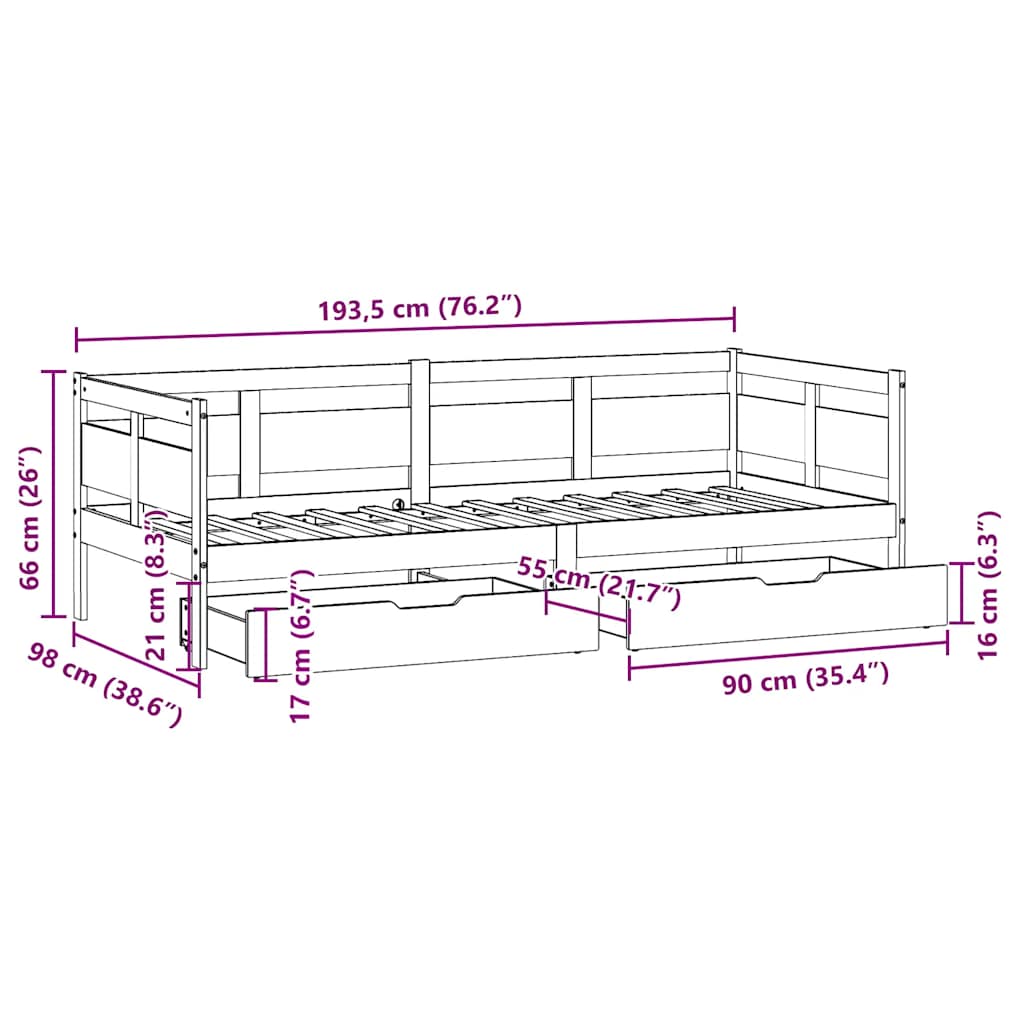 Daybed with Drawers 90 x 190 cm Solid Pine Wood