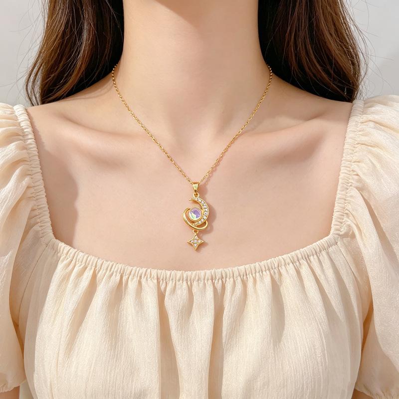 Stainless Steel Chain Necklace Dreamy Moonstone Zircon Moon Planet Star Pendant Necklace for Women Girls Sweet Jewelry Gifts