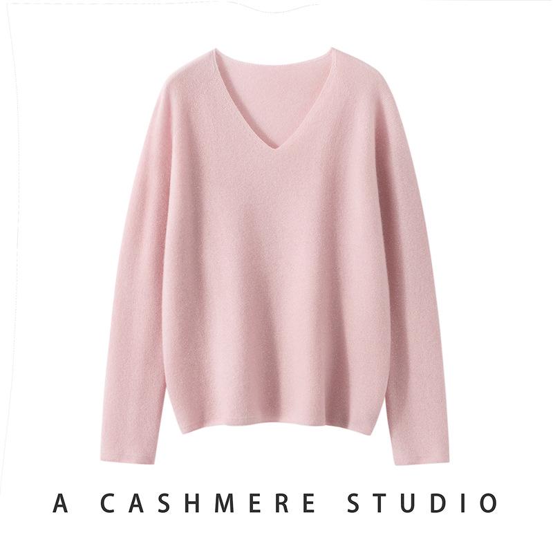 Women's Soft 100% Cashmere V-Neck Sweater - Loose Fit, Long Sleeve, Solid Color Knitwear for Autumn and Winter