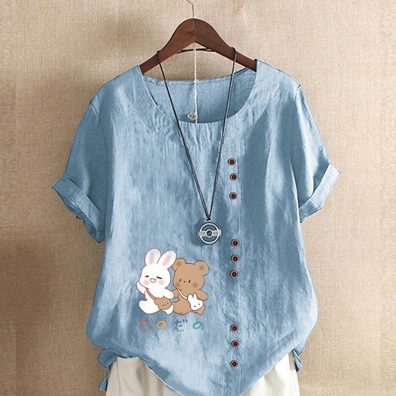 Women's New Fashion Linen Shirt Round Neck Short Sleeve Rabbit and Bear Printed T-shirt Summer Ladies Casual Plus Size Blouse Tops