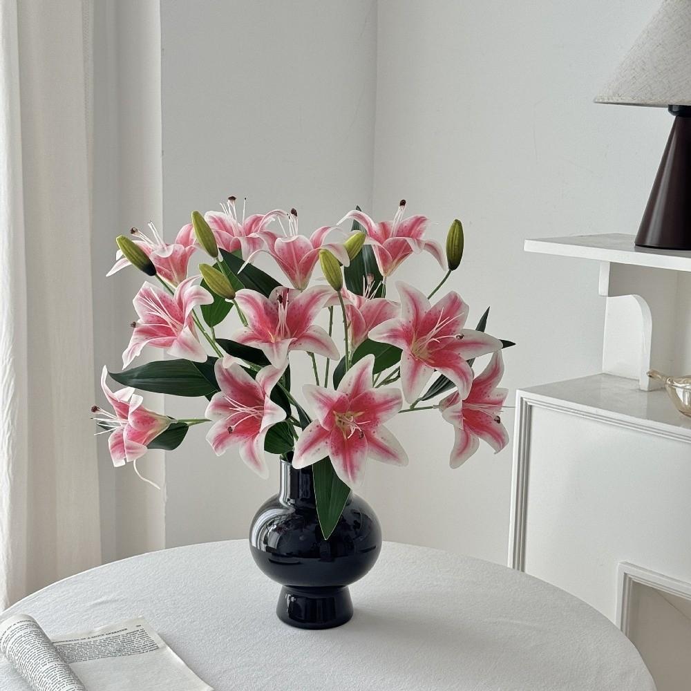 2-Kopf Künstliche Lilienblüten Weiß Real Touch Künstliche Faux-Pflanzen Mehrblütig Rosa Falsche Lilienzweige Wohnzimmer-Dekorationen