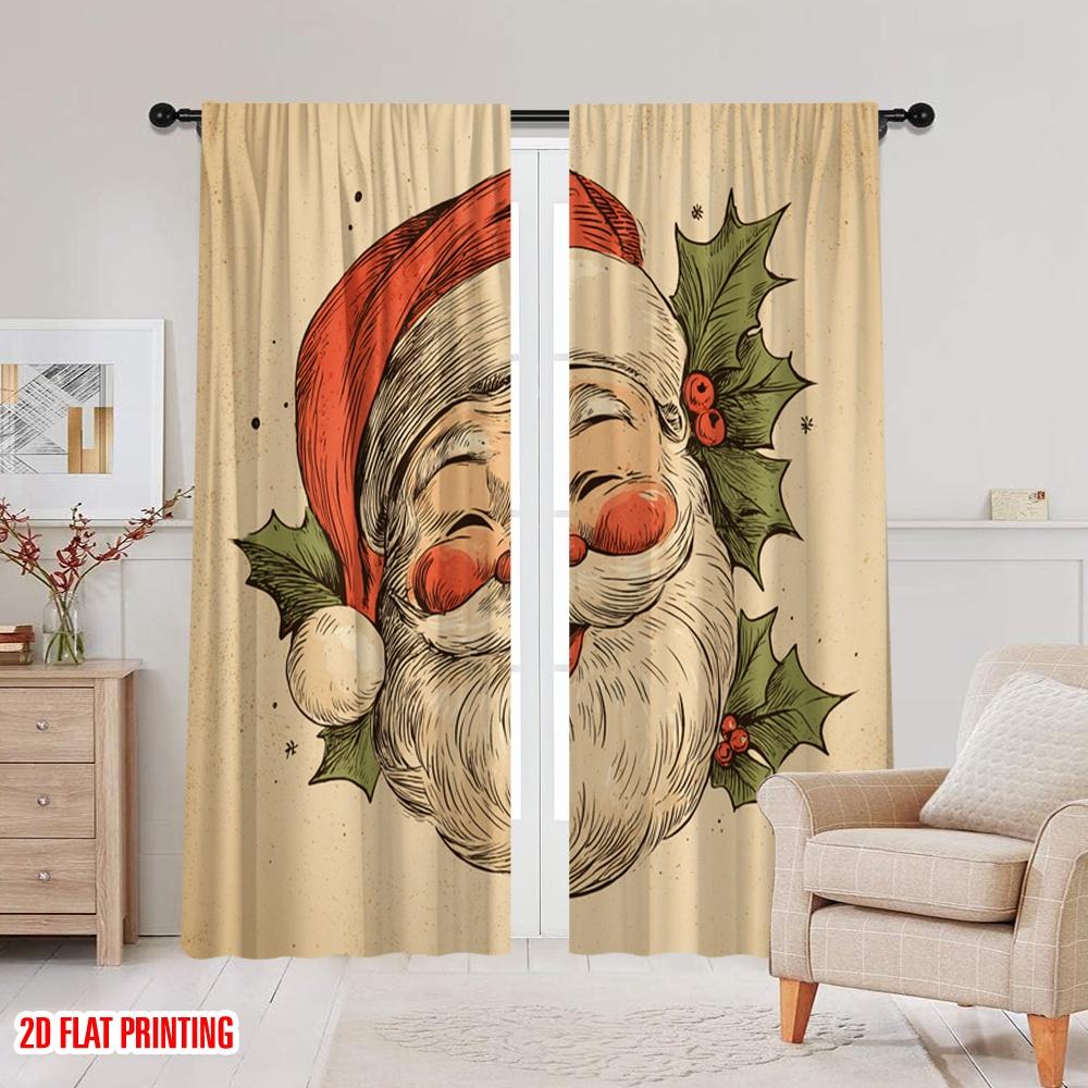 2pcs,2D Plane Printing Curtains Vibrant Santa Claus Head Polyester Easy Install (without Rod) All Seasons Ldeal for Living Room